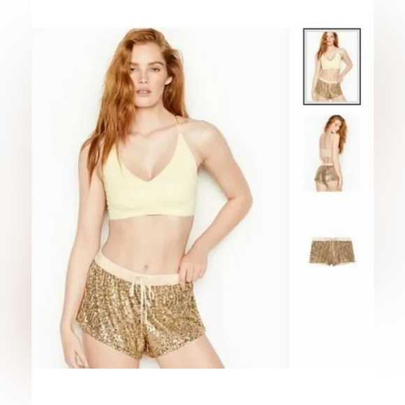 EUC Victorias Secret Gold Sequin Bling Jogger Drawstring Relax Lounge Shorts XS - Picture 2 of 8